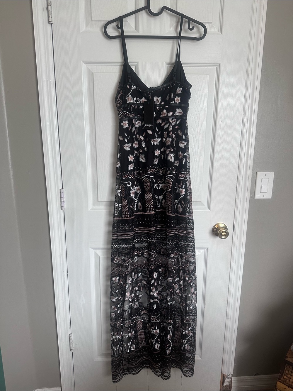 Nasty Gal Black Floral Maxi Dress with cream embroidered flowers